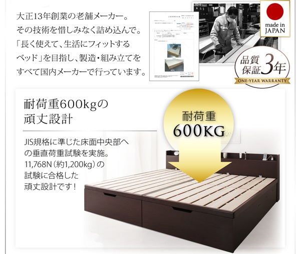 布団が干せる 国産 頑丈 すのこベット 跳ね上げ 収納付き シングル 深さレギュラー フレームのみ Long force ロングフォルス