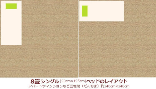 8畳のシングルサイズのベッドレイアウト